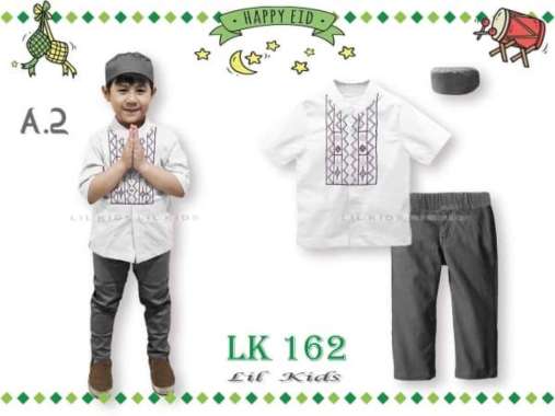 LK162 A2 Besar Baju Muslim Koko Pendek Anak Import Lebaran Peci Putih Multicolor