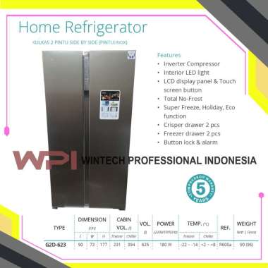Gea G2D-623 INOX Kulkas Side By Side - Kulkas Pintu Menyamping - Kulkas Rumah Tangga 2 Pintu - Kapas