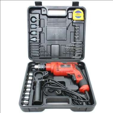 Mesin Bor Listrik Set H&L 13mm Impact Drill Box Set Komplit HnL HL913 Merah