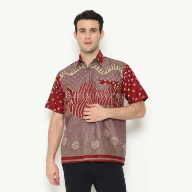 BATIK MYRNA - Kemeja Batik Lengan Pendek Baju Atasan Pria Motif Garisan Merah M