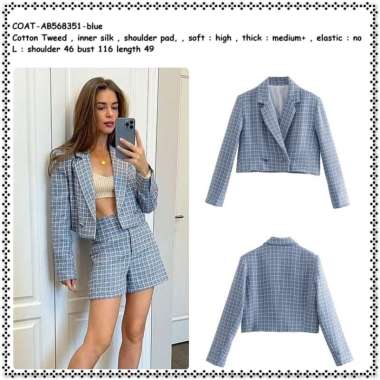 AB568351 Crop Cardigan Blazer Blezer Kotak Wanita Korea Import Biru Blue