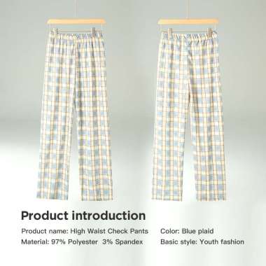 Celana Tartan Wanita Korean Style Celana Longgar Wanita Celana Wanita Terbaru Highwaist celana Biru