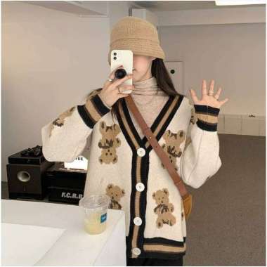 VERISH IMPORT GOM WOMAN KNIT CARDIGAN OVERSIZED KARDIGAN RAJUT WANITA MOTIF BERUANG KOREA Hitam