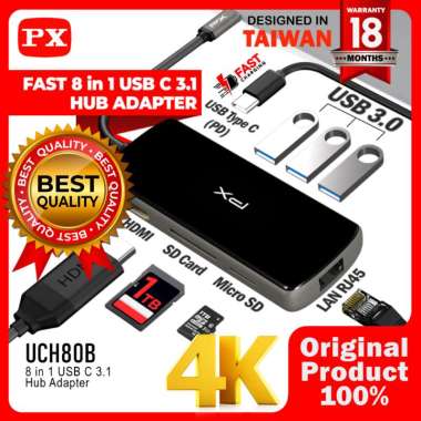 Type C to HDMI Hub Converter LAN Gigabit 8 in 1 PX UCH80B Multivariasi Multicolor