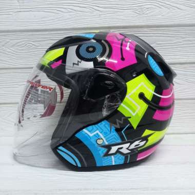 HELM NHK R6 BLOCK BLACK PINK YELLOW HALF FACE MOTIF R-6 R 6 XL