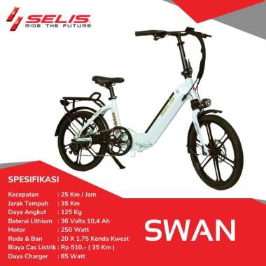 Sepeda Listrik Lipat Selis Swan 250W Battery Lithium 36V 10.4Ah Roda 20 x 1.75 Putih