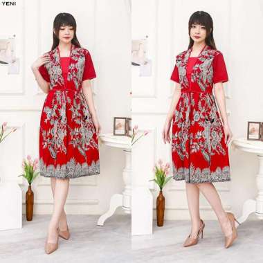 Evercloth Yeni Dress Batik Wanita Terusan Batik Couple Modern Kebaya Couple Set Seragam Family XL