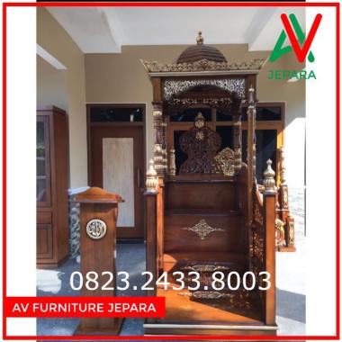 Mimbar Masjid Kubah Pintu Depan + Podium + Tongkat Khotib Kayu Jati