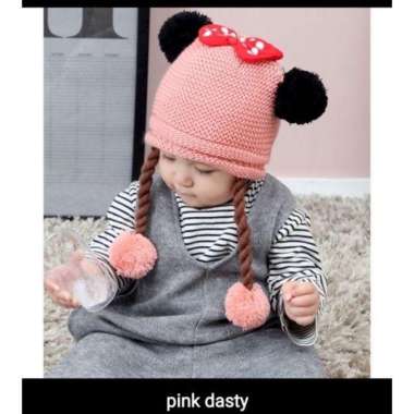 Topi Rajut kepang anak model Mickey Mikey pita Kuning