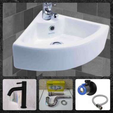 Paket Wastafel Keramik Sudut Komplit Kran Hitam