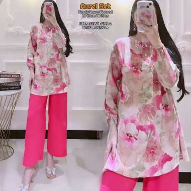Aurel Set - One Set Wanita Kemeja Rayon Premium Setelan Baju Lengan 7/8 Set Celana Panjang Kekinian