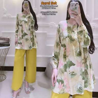 Aurel Set - One Set Wanita Kemeja Rayon Premium Setelan Baju Lengan 7/8 Set Celana Panjang Kekinian