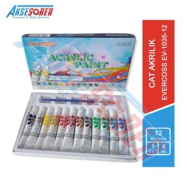 Aksesoren Cat Warna Kuas Akrilik Evercoss 12 Warna [EV-1035-12/6ml] / Acrylic Paint Colors / Cat Tin