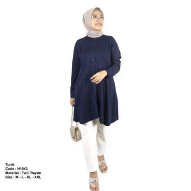 Hermoscha Long Tunik Jumbo Navy Biru Dongker Katun Twill Rayon / Multicolor