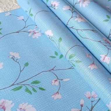WALLPAPER STIKER DINDING BIRU POLOS BERBUNGA