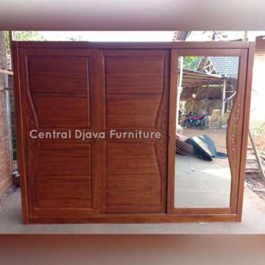 Lemari Pakaian Sliding Kaca Jumbo Kayu Jati Almari Cermin Geser Jepara