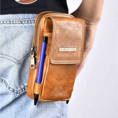 Sarung Dompet Tas HP Pinggang Pria Kulit 2HP Resleting Vertikal Puloka Ukuran 6,5 Inch (17 x 9 Cm) C