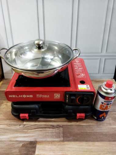 Paket Kompor Portable + Panci Shabu + Gas Portable Welhome Merah