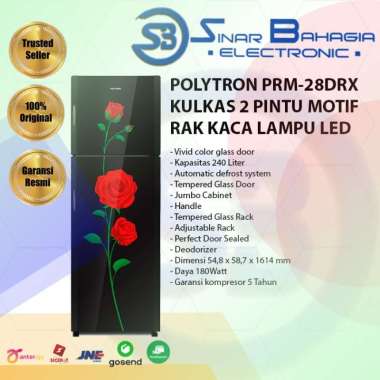 POLYTRON PRM-28DRX KULKAS 2 PINTU MOTIF RAK KACA LAMPU LED (NEW) (KHUSUS BANDUNG)