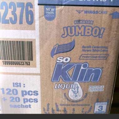 SO KLIN liquid deterjent Jumbo cair 48ml ( PROVENCE LAVENDER 120+20 sachet ) karton