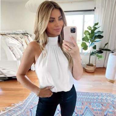 Baju Blouse Blus Atasan Wanita halter neck off shoulder singlet tanpa lengan bahan satin kecil Putih