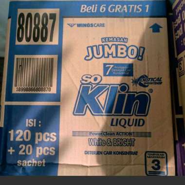 SO KLIN liquid deterjent Jumbo soklin cair 48ml ( WHITE &amp; BRIGHT 120+20 sachet ) karton