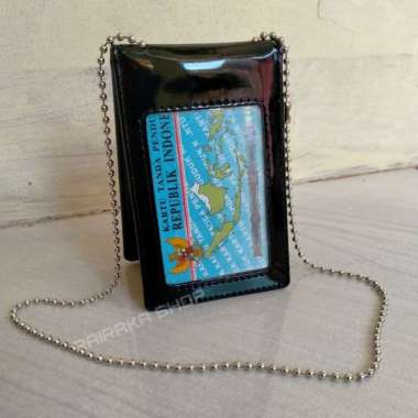 Name Tag Id Card Holder Dompet Saku Dompet Kartu Magnet plus Kalung Rantai kulit Hitam kilap Bagus F