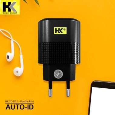 HK Adaptor Charger TC-D12 AUTO-ID Fast Charging 2USB + Kabel Micro USB Hitam