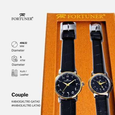 Fortuner Jam Tangan Couple/Pasangan Analog Angka Arab Rantai Kulit Tahan Air Shadi Kulit Kombi Hitam