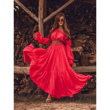 one set setelan rok wanita sabrina off shoulder with crop top lengan panjang balon dan rok payung re