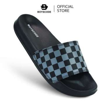 BOYSCODE Sendal Selop Karet Pria Wanita Motif Catur Checkerboard Hitam Abu / Slop Pria / Slip On Pri