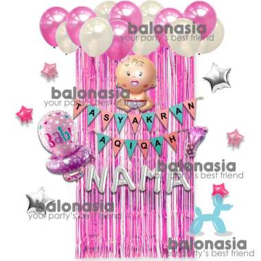 Dekorasi paket Balon simple baby aqiqah backdrop tirai TANPA NAMA BIRU