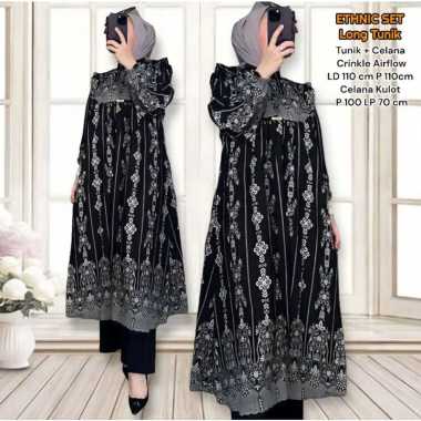 Ethnic Long Tunik Set - One Set Wanita Long Tunik Crinkle Airflow Premium Setelan Wanita Kekinian Ru