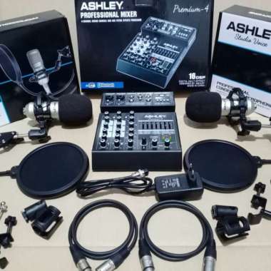 Paket Recording Podcast Ashley 2 Orang Mixer 4 Channel Premium + Mic Multicolor