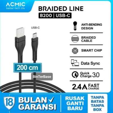 Kabel Acmic type c B200 braided 2 m mtr meter Fast Charging Original