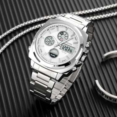 SKMEI 1673 Jam Tangan Dual Time Pria Rantai Stainlees Steel Tahan Air SILVER