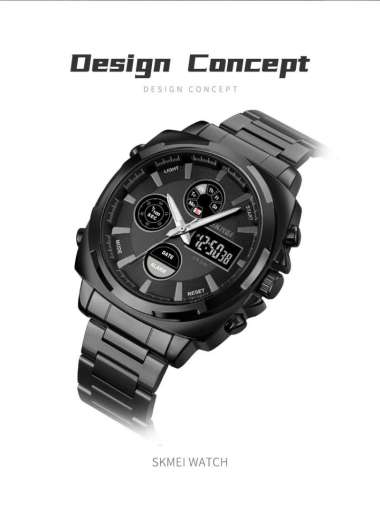 SKMEI 1673 Jam Tangan Dual Time Pria Rantai Stainlees Steel Tahan Air BLACK