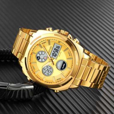 SKMEI 1673 Jam Tangan Dual Time Pria Rantai Stainlees Steel Tahan Air GOLD