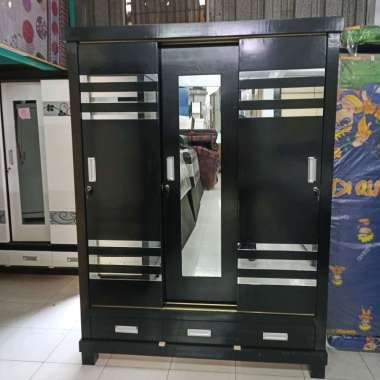 Lemari Pakaian 3 Pintu Sliding dengan 3 Laci, List Kaca - Full Hitam