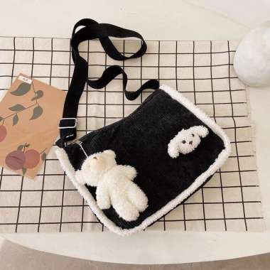 Verish TC-76 tas selempang wanita corduroy bulu cute bear sling bag import korea jepang c HITAM