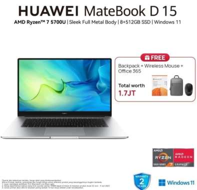 Huawei Matebook D15 Ryzen 7 5700U (8/512) AMD Long Battery Life Resmi