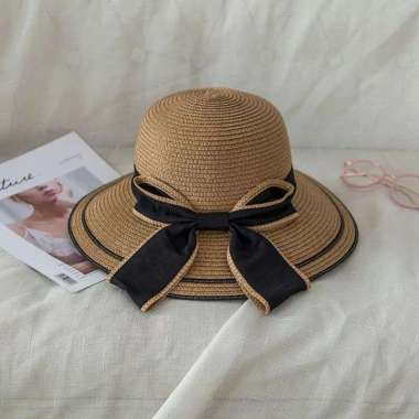 VERISH Topi Pantai Import Oval Pita tebal two tone Topipantaibdg Mocca