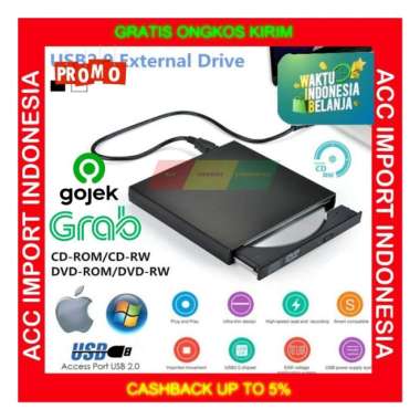 DVD External RW Slim Portable Optical Drive Writer CD ROOM PC Laptop - Hitam Hitam