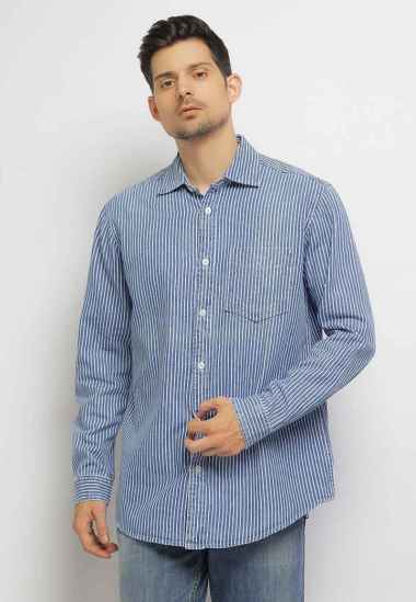 Lois Jeans Kemeja lengan panjang bergaris denim KLL360D Biru Tua Denim-Putih XL