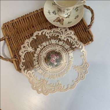 taplak Meja Table Mat Lace / Taplak meja makan bordir renda gaya retro lace placemat Round Coklat