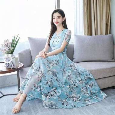 2022 baru gaun sifon print wanita mid-length/dress wanita/midi dress M biru langit