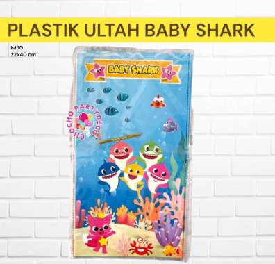 Plastik Ulang Tahun BABY SHARK isi 10 / Plastik Ultah Anak Baby Shark Ukuran Sedang Baby shark