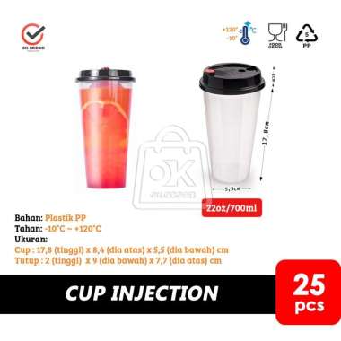 Gelas Plastik Cup Injection 22oz + Tutup + Stopper (1 Pack isi 25pcs) Injection 22oz