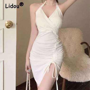 Mini Dress Wanita Serut Bodycon Korea Korean Style Halter neck Tali Leher V Belah samping Paha Bahan