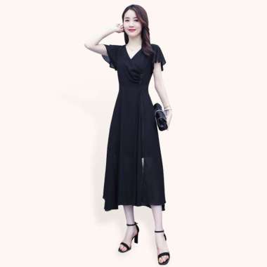 Midi Dress lengan pendek sifon Wanita Gaya Korea Model terbaru - Jfashion Dyah XL-XXL Hitam